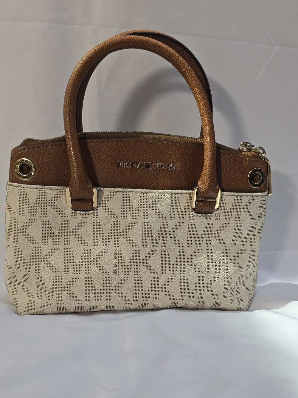 Michael Kors Sutton Small Satchel Vanilla MK Signature Brown Leather Handbag